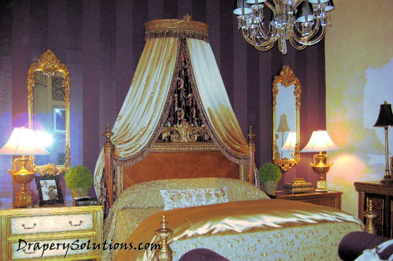 Classic bed crown with two sided drapes by Drapery Solutions.