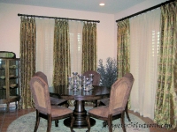 Embroidered silk drapery panels with sheers by Drapery Solutions.