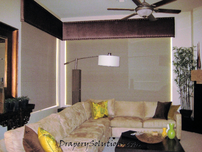 Fused fabric motorized black-out roller shade by Drapery Solutions.