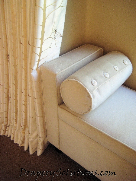 Custom upholstered bench detail by Drapery Solutions.