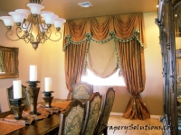 Elaborate empire valance with functional london shade and panels by Drapery Solutions.