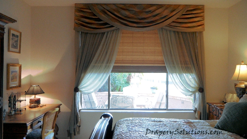 Turban swag over sheer panels and flat roman shade by Drapery Solutions.